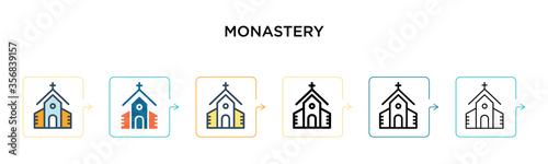 Monastery vector icon in 6 different modern styles. Black, two colored monastery icons designed in filled, outline, line and stroke style. Vector illustration can be used for web, mobile, ui