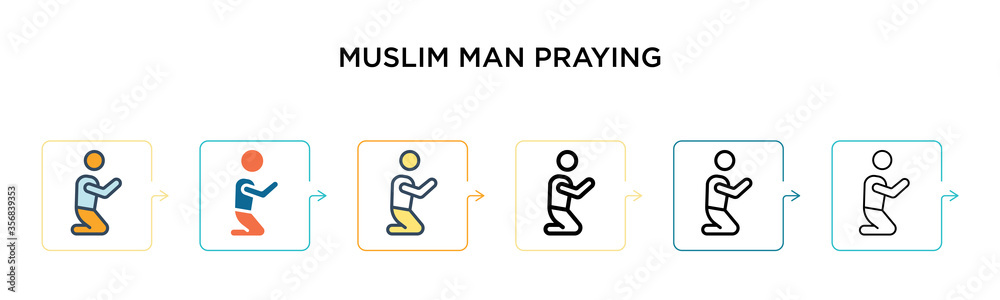 Muslim man praying vector icon in 6 different modern styles. Black, two colored muslim man praying icons designed in filled, outline, line and stroke style. Vector illustration can be used for web, Muslim man praying vector icon in 6 different modern styles. Black, two colored muslim man praying icons designed in filled, outline, line and stroke style. Vector illustration can be used for web,