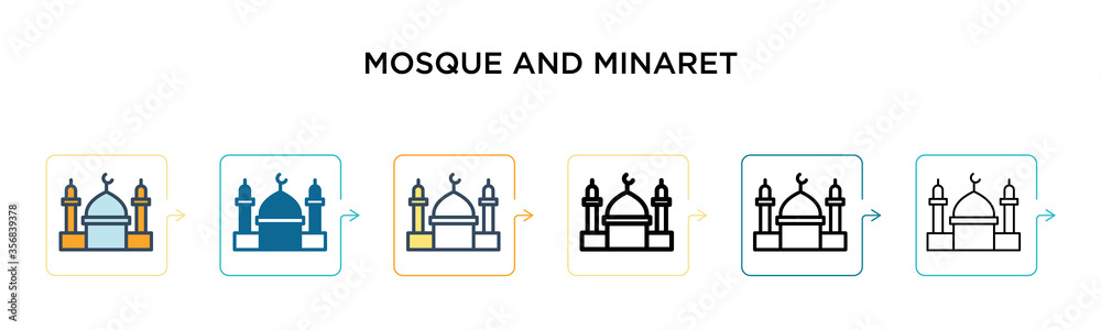 Mosque and minaret vector icon in 6 different modern styles. Black, two colored mosque and minaret icons designed in filled, outline, line and stroke style. Vector illustration can be used for web,
