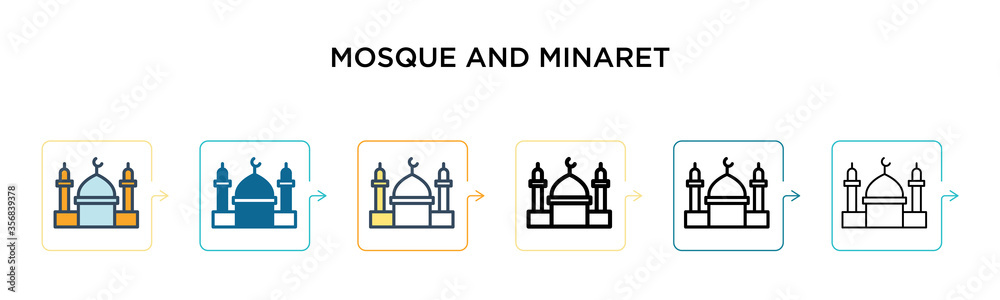 Mosque and minaret vector icon in 6 different modern styles. Black, two colored mosque and minaret icons designed in filled, outline, line and stroke style. Vector illustration can be used for web, Mosque and minaret vector icon in 6 different modern styles. Black, two colored mosque and minaret icons designed in filled, outline, line and stroke style. Vector illustration can be used for web,