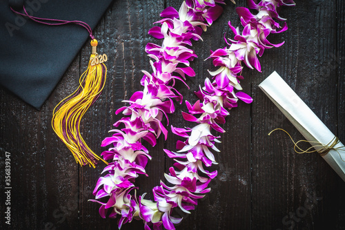 graduation lei, cap and diploma 2020