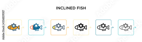 Inclined fish vector icon in 6 different modern styles. Black, two colored inclined fish icons designed in filled, outline, line and stroke style. Vector illustration can be used for web, mobile, ui