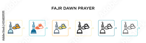 Fajr dawn prayer vector icon in 6 different modern styles. Black, two colored fajr dawn prayer icons designed in filled, outline, line and stroke style. Vector illustration can be used for web,