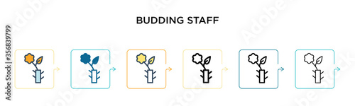 Budding staff vector icon in 6 different modern styles. Black, two colored budding staff icons designed in filled, outline, line and stroke style. Vector illustration can be used for web, mobile, ui