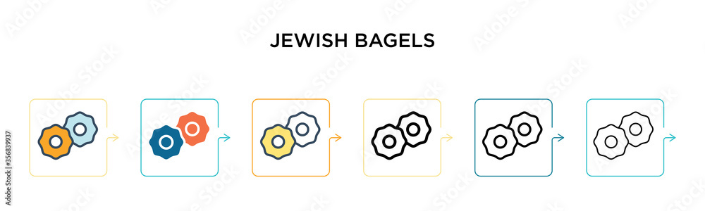 Jewish bagels vector icon in 6 different modern styles. Black, two colored jewish bagels icons designed in filled, outline, line and stroke style. Vector illustration can be used for web, mobile, ui