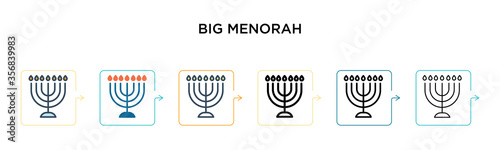 Big menorah vector icon in 6 different modern styles. Black, two colored big menorah icons designed in filled, outline, line and stroke style. Vector illustration can be used for web, mobile, ui