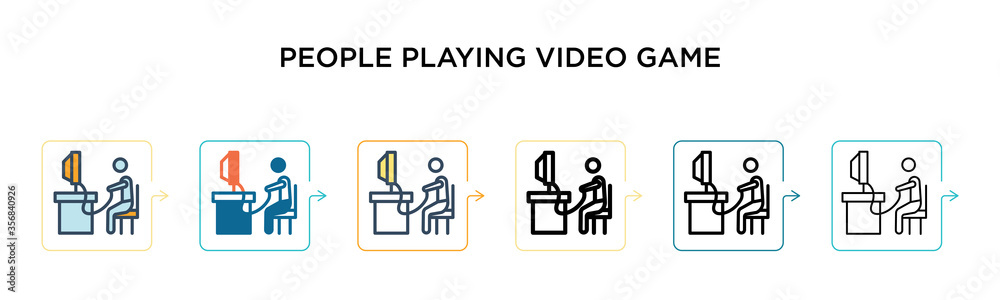 People playing video game vector icon in 6 different modern styles. Black, two colored people playing video game icons designed in filled, outline, line and stroke style. Vector illustration can be