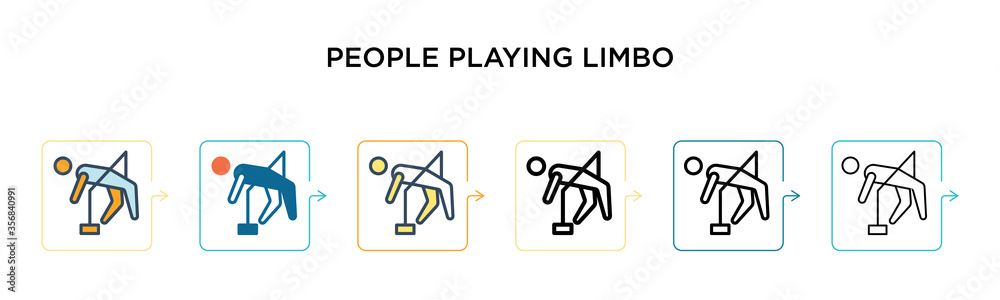 People playing limbo vector icon in 6 different modern styles. Black, two colored people playing limbo icons designed in filled, outline, line and stroke style. Vector illustration can be used for