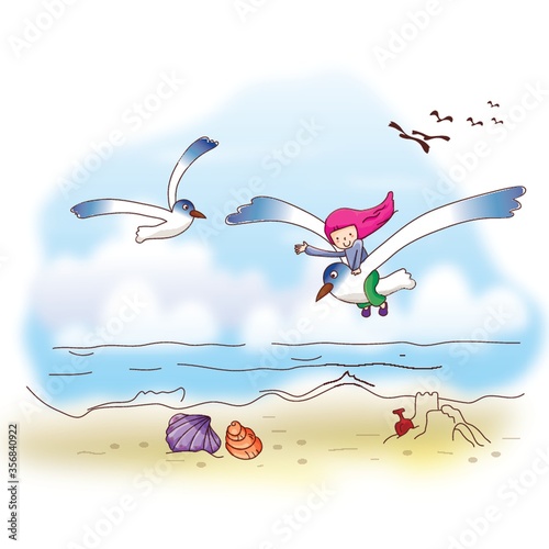 girl flying on bird