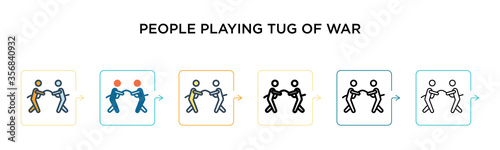 People playing tug of war vector icon in 6 different modern styles. Black, two colored people playing tug of war icons designed in filled, outline, line and stroke style. Vector illustration can be