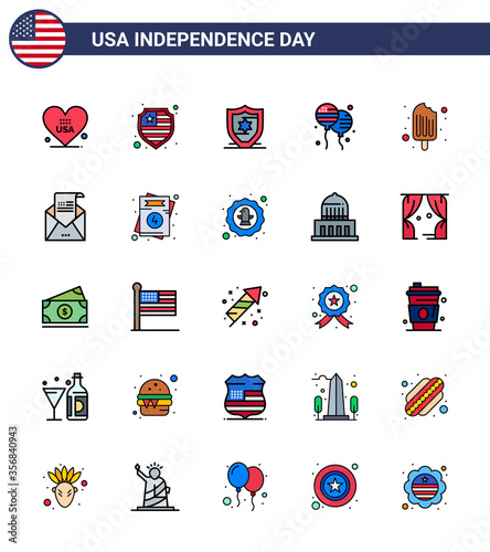 Stock Vector Icon Pack of American Day 25 Flat Filled Line Signs and Symbols for greeting; email; bloons; ice cream; cream photo