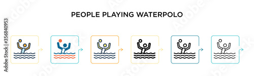 People playing waterpolo vector icon in 6 different modern styles. Black, two colored people playing waterpolo icons designed in filled, outline, line and stroke style. Vector illustration can be used