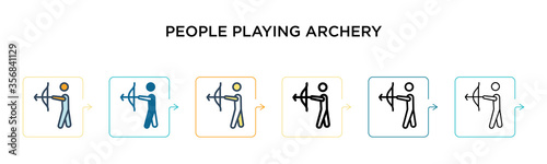 People playing archery vector icon in 6 different modern styles. Black, two colored people playing archery icons designed in filled, outline, line and stroke style. Vector illustration can be used for