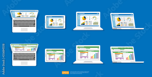 Web statistics analytic charts on laptop screen icon set. Flat vector infographic and spreadsheet trend graphs report concept for planning, accounting, analysis, audit, management, marketing