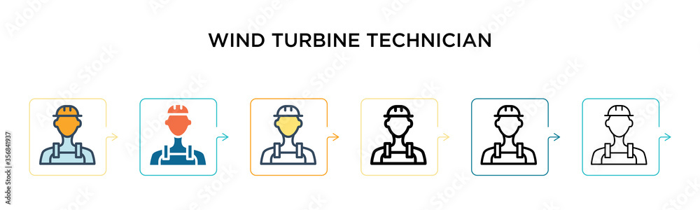 Wind turbine technician vector icon in 6 different modern styles. Black, two colored wind turbine technician icons designed in filled, outline, line and stroke style. Vector illustration can be used