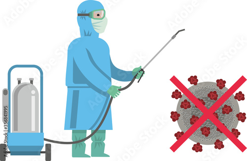 Disinfector in protective suit, mask with disinfection equipment sprays a disinfectant. Treatment, disinfection, prevention of infectious diseases, coronavirus. Flat infographics. Vector illustration