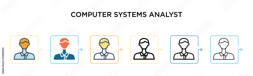Computer systems analyst vector icon in 6 different modern styles. Black, two colored computer systems analyst icons designed in filled, outline, line and stroke style. Vector illustration can be used Computer systems analyst vector icon in 6 different modern styles. Black, two colored computer systems analyst icons designed in filled, outline, line and stroke style. Vector illustration can be used