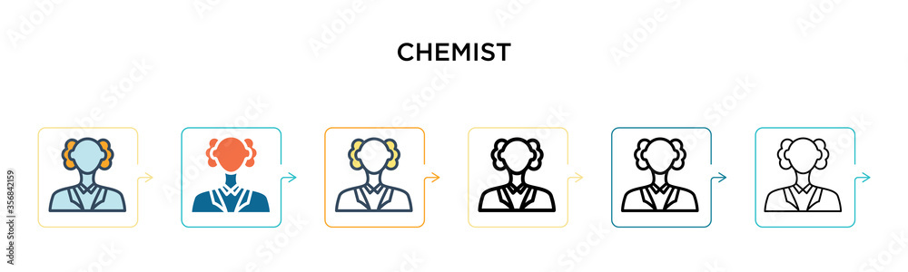 Chemist vector icon in 6 different modern styles. Black, two colored chemist icons designed in filled, outline, line and stroke style. Vector illustration can be used for web, mobile, ui Chemist vector icon in 6 different modern styles. Black, two colored chemist icons designed in filled, outline, line and stroke style. Vector illustration can be used for web, mobile, ui