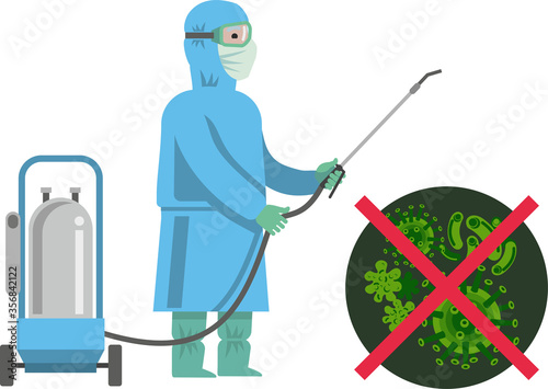 Disinfector in protective suit, mask with disinfection equipment sprays a disinfectant. Treatment, disinfection, prevention of infectious diseases, coronavirus. Flat infographics. Vector illustration