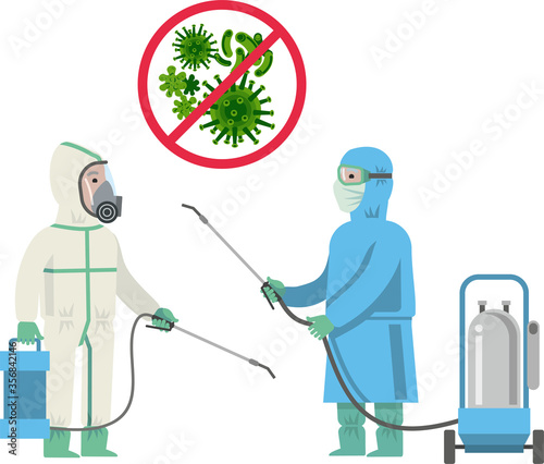Disinfector in protective suit, mask with disinfection equipment sprays a disinfectant. Treatment, disinfection, prevention of infectious diseases, coronavirus. Flat infographics. Vector illustration