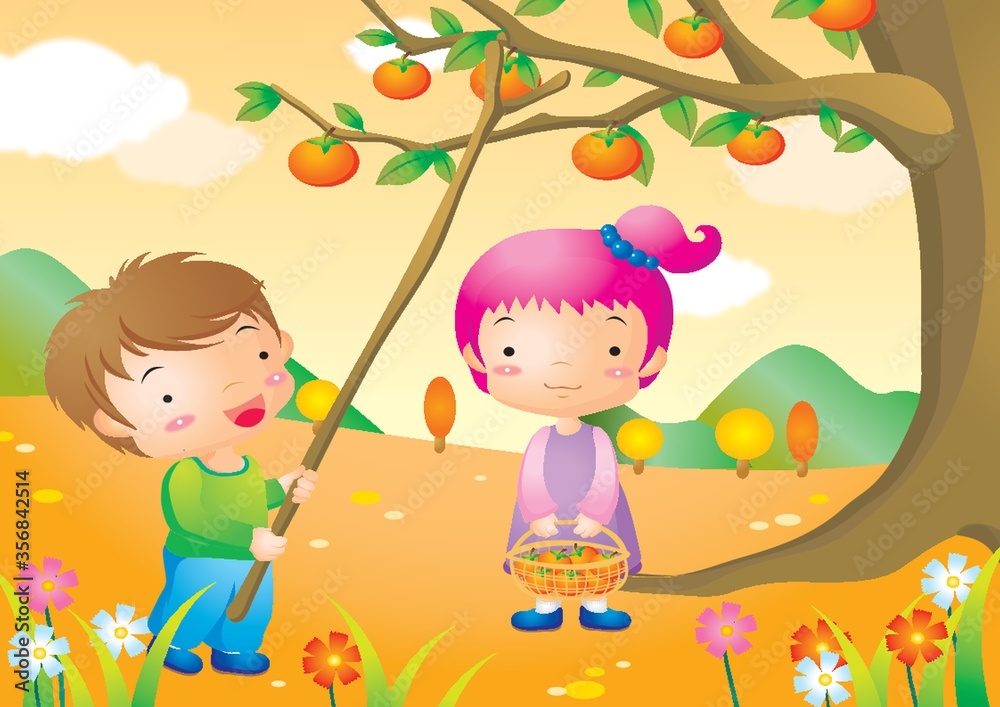Fototapeta premium boy plucking tomato with stick