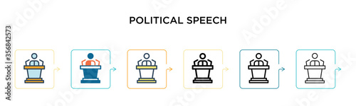 Political speech vector icon in 6 different modern styles. Black, two colored political speech icons designed in filled, outline, line and stroke style. Vector illustration can be used for web,