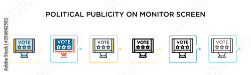 Political publicity on monitor screen vector icon in 6 different modern styles. Black, two colored political publicity on monitor screen icons designed in filled, outline, line and stroke style.