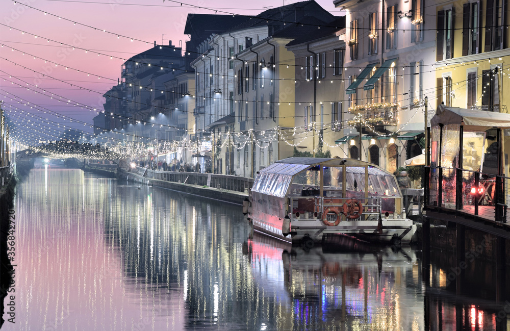 canal in Milan at dusk, italy