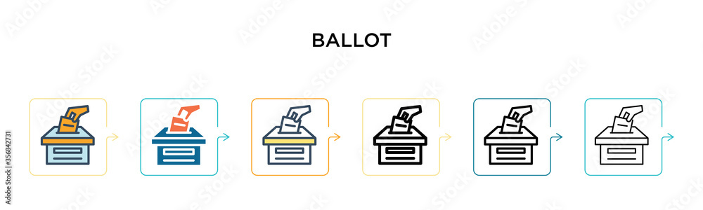 Ballot vector icon in 6 different modern styles. Black, two colored ballot icons designed in filled, outline, line and stroke style. Vector illustration can be used for web, mobile, ui Ballot vector icon in 6 different modern styles. Black, two colored ballot icons designed in filled, outline, line and stroke style. Vector illustration can be used for web, mobile, ui