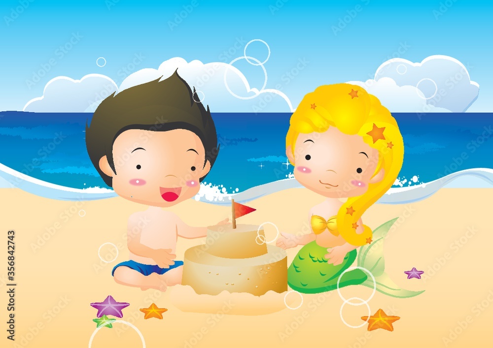 boy and mermaid playing at beach
