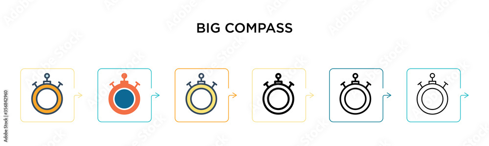Big compass vector icon in 6 different modern styles. Black, two colored big compass icons designed in filled, outline, line and stroke style. Vector illustration can be used for web, mobile, ui - obrazy, fototapety, plakaty 