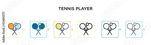 Tennis player vector icon in 6 different modern styles. Black, two colored tennis player icons designed in filled, outline, line and stroke style. Vector illustration can be used for web, mobile, ui