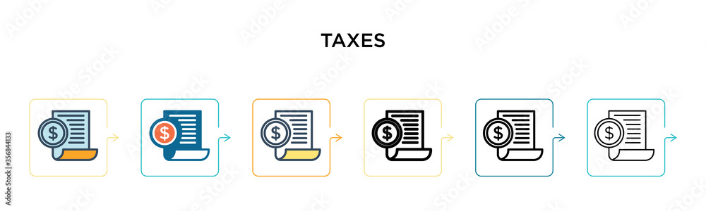 Taxes vector icon in 6 different modern styles. Black, two colored taxes icons designed in filled, outline, line and stroke style. Vector illustration can be used for web, mobile, ui