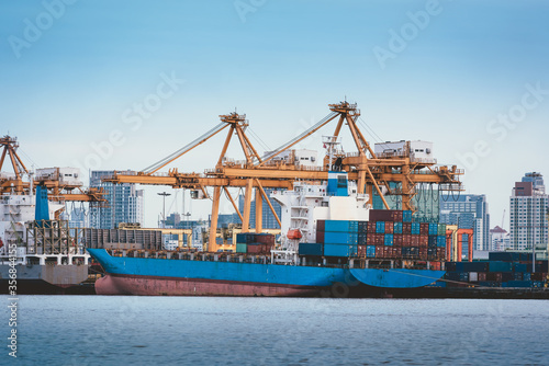 Container Shipping Maritime Port Terminal of Transportation and Logistics Loading Dock, Containers Import/Export of Sea Freight Transport Industrial. Heavy Industry of Sea Port Containers Cargo Ship