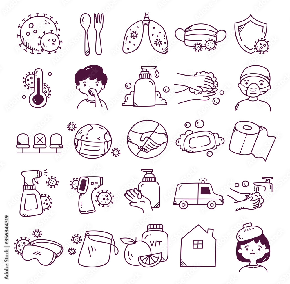 Corona virus icon set in doodle style