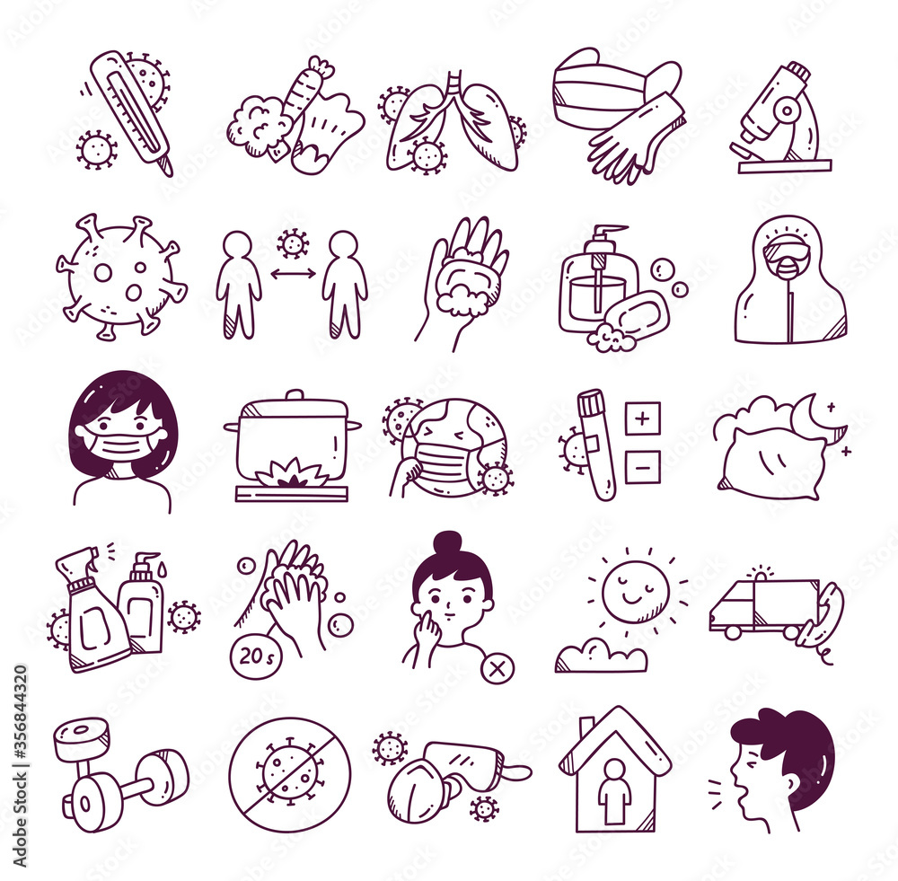 Corona virus icon set in doodle style