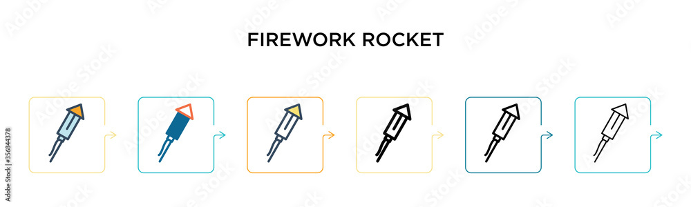 Firework rocket vector icon in 6 different modern styles. Black, two colored firework rocket icons designed in filled, outline, line and stroke style. Vector illustration can be used for web, mobile, Firework rocket vector icon in 6 different modern styles. Black, two colored firework rocket icons designed in filled, outline, line and stroke style. Vector illustration can be used for web, mobile,