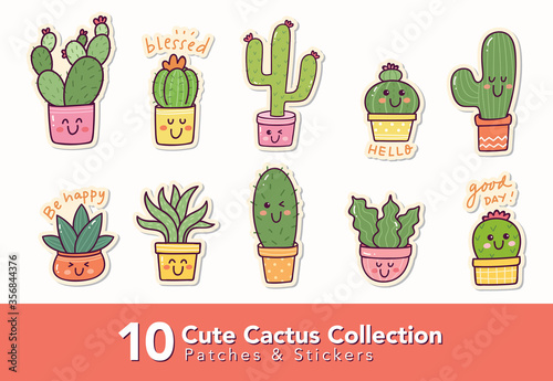 Set of Cactus Sticker or Fashion Patches Vector Illustration