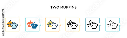 Two muffins vector icon in 6 different modern styles. Black, two colored two muffins icons designed in filled, outline, line and stroke style. Vector illustration can be used for web, mobile, ui