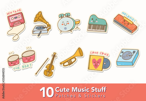 Set of Cute Music Stuff Patches and Stickers