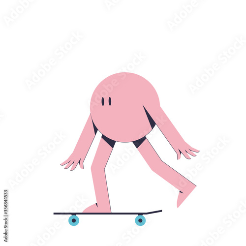 Guy on a longboard vector stock illustration isolated on a white background. Cute illustration with pink character on skateboard. Skateboarder on a walk.  photo