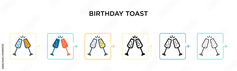 Birthday toast vector icon in 6 different modern styles. Black, two colored birthday toast icons designed in filled, outline, line and stroke style. Vector illustration can be used for web, mobile, ui Birthday toast vector icon in 6 different modern styles. Black, two colored birthday toast icons designed in filled, outline, line and stroke style. Vector illustration can be used for web, mobile, ui