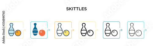 Skittles vector icon in 6 different modern styles. Black, two colored skittles icons designed in filled, outline, line and stroke style. Vector illustration can be used for web, mobile, ui