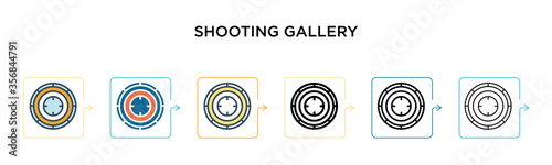 Shooting gallery vector icon in 6 different modern styles. Black, two colored shooting gallery icons designed in filled, outline, line and stroke style. Vector illustration can be used for web,
