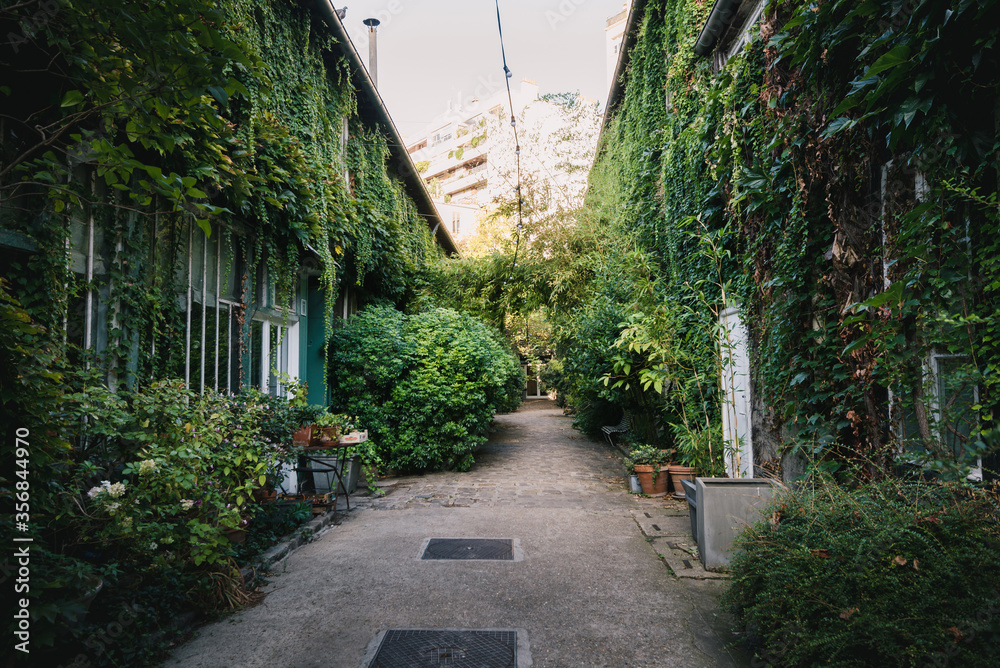 A beautiful green garden with old buildings on the side of the alley
