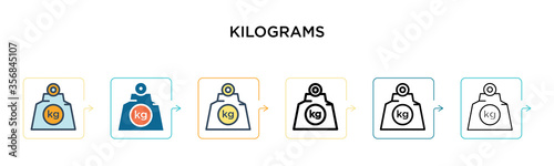 Kilograms vector icon in 6 different modern styles. Black, two colored kilograms icons designed in filled, outline, line and stroke style. Vector illustration can be used for web, mobile, ui