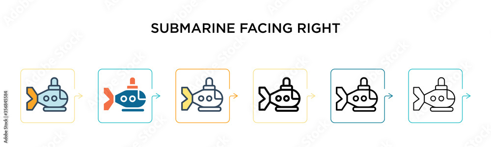 Fototapeta premium Submarine facing right vector icon in 6 different modern styles. Black, two colored submarine facing right icons designed in filled, outline, line and stroke style. Vector illustration can be used for