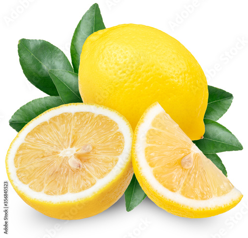 Fresh ripe lemons isolated on white background, Lemon Fruit with leaf on a white background, With clipping path
