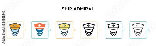 Ship admiral vector icon in 6 different modern styles. Black, two colored ship admiral icons designed in filled, outline, line and stroke style. Vector illustration can be used for web, mobile, ui