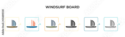 Windsurf board vector icon in 6 different modern styles. Black, two colored windsurf board icons designed in filled, outline, line and stroke style. Vector illustration can be used for web, mobile, ui